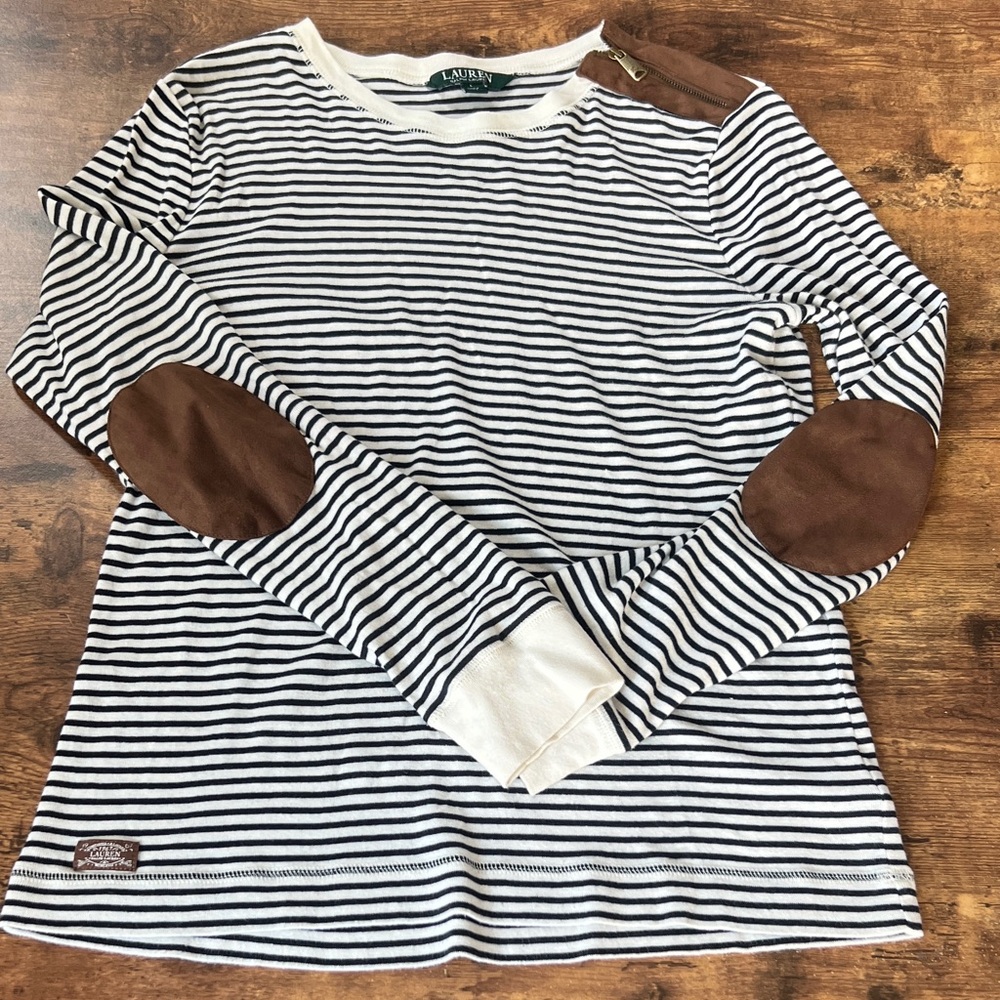 Lauren Ralph Lauren Striped Long Sleeve Top with Brown Elbow Patches